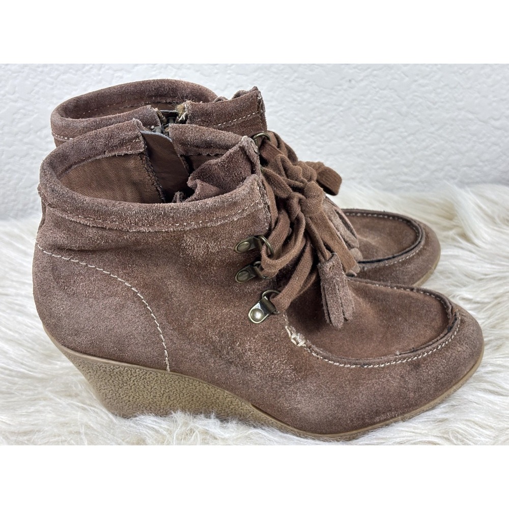 MIA Suede Wedge Ankle Boots Womens 8 Brown Lace Up Boho Western Chic